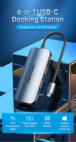 Hub Usb Multipuerto Vention - 6 En 1 - Usb C A Hdmi + 3 Puertos Usb 3.0 + Power Delivery 100w Usb C - 4k 30hz - 5gbps Carcasa Aluminio - 15 Cm - Premium Para Monitor / Pc / Mac / Laptop - Tofhb