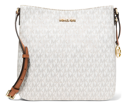 Michael Kors Jet Set Travel Large Logo Messenger Bag Lady Hardware Finish, cor dourada, cor de alça de ombro bege, cor marrom, design de tecido, tela com logotipo impresso