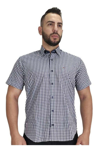 Camisa Masculina Manga Curta Xadrez Branco E Azul