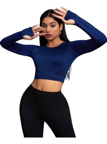 Buzo Crop Top Deportivo Manga Larga Dama  Lycra Mujer Gym