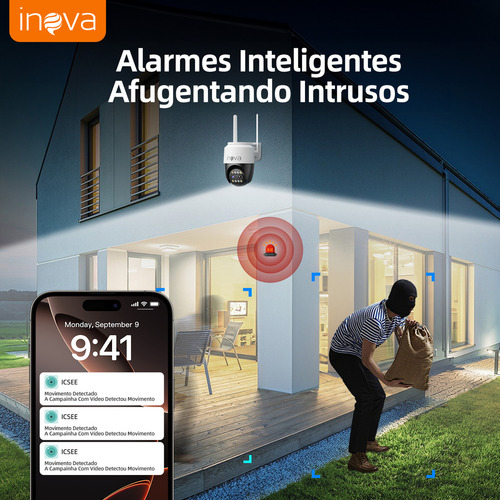 INOVA Câmera Segurança Externa 4K Dual Lens 2.4G WiFi 360° PTZ - Monitor Noturno Colorido/Spotlight+Alarme/Áudio Bidirecional/IP66/Cloud+SD - Vigilância Residencial Inteligente