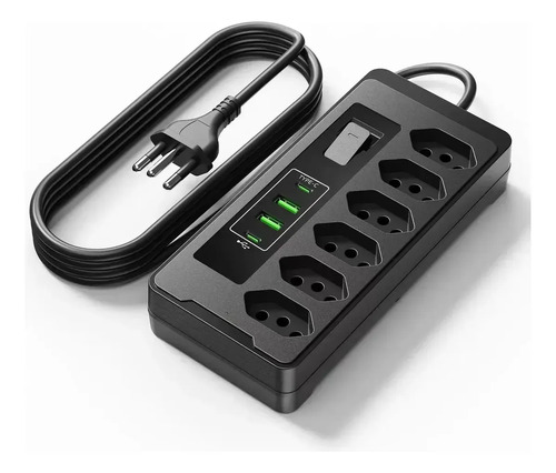 Filtro De Linha Régua Extensão 6 Tomadas E 2 Usb 2 Pd 2500 Watts Equipado Com Um Interruptor De Protecção Automática De Sobrecarga Protetor Elétrico Cabo 2 Metros 10 a Cor Preto-PLUGADO