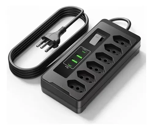 Filtro De Linha Régua Extensão 6 Tomadas E 2 Usb 2 Pd 2500 Watts Equipado Com Um Interruptor De Protecção Automática De Sobrecarga Protetor Elétrico Cabo 2 Metros 10 a Cor Preto-PLUGADO