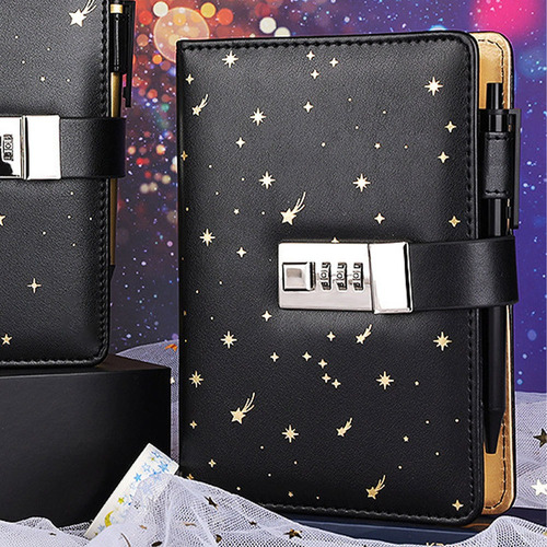Cuaderno Estrellado, Tapa Dura, Piel, Contraseña, Diario