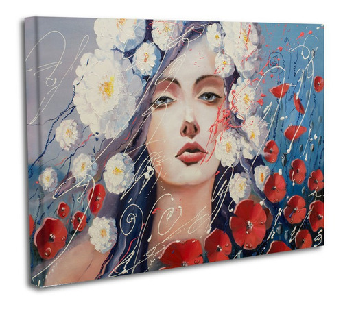 Cuadro Lienzo Canvas 60x80cm Mujer Arte Rostro Flores Oleo