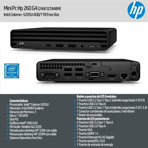 Imagen 2 de 2 de Mini Pc Hp 260g4 Intel Celeron 5205u Ram 4 Gb Hdd 1 Tb Sata