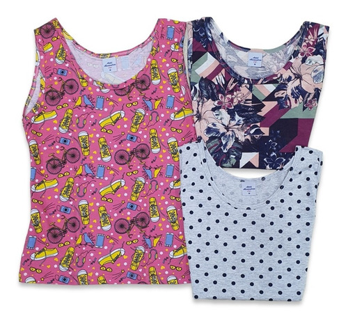 Kit 5 Regata Moda Feminina Básica Estampada Malha
