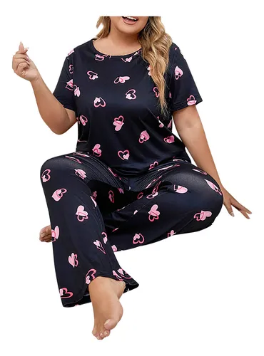 Pijama A La Moda Para Mujer, Talla Grande, Estampado, Cuello