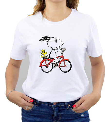 Polera Dama Estampada 100%algodon Snoopy En Bicicleta 500