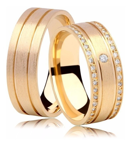 Par Alianças De Ouro 18k Grossa Reta 12 Gramas 6mm Com Pedra