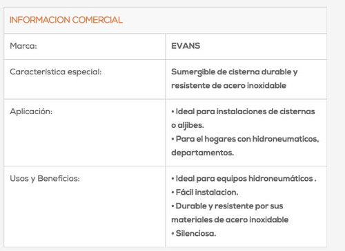 Bomba Sumergible De Cisterna 1 Hp Monofasico Evans Ssx1me10