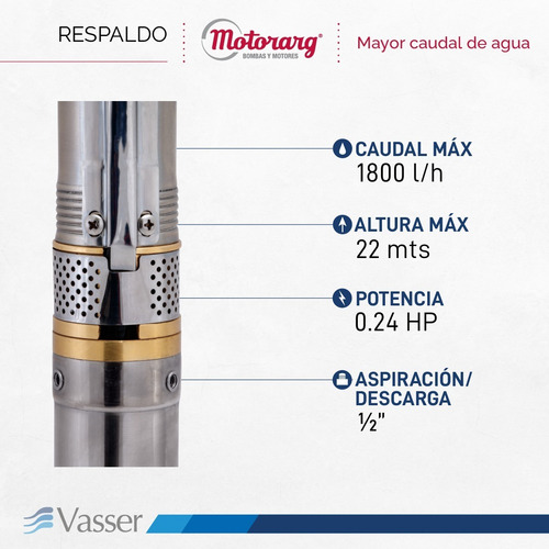 Bomba Sumergible Pozo Vasser De Motorarg 2 Bs2 Cable 0.24 H