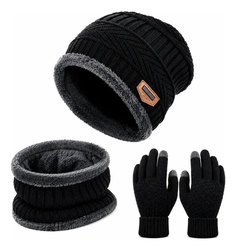 Kit Touca Gorro Cachecol + Luva Inverno Pelinho Frio Adulto Preto Un