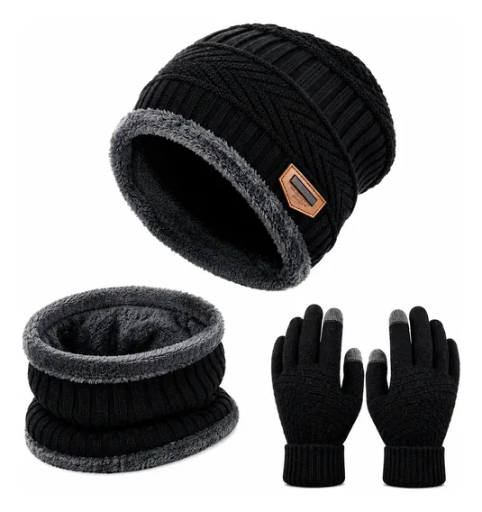 Kit Touca Gorro Cachecol + Luva Inverno Pelinho Frio Adulto Preto Un