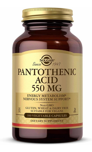 Ácido pantotênico 550 mg (100 cápsulas) Solgar, feito nos EUA, sabor sem sabor
