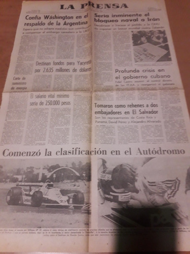 Tapa Diario La Prensa 12 01 1980 Yacyreta F1 Reutemann 