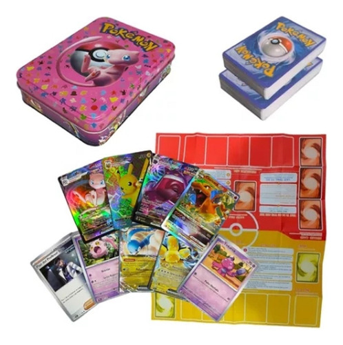 Cartas Pokemon Trading Card Lata Grande + Tablero + 2 Mazos 