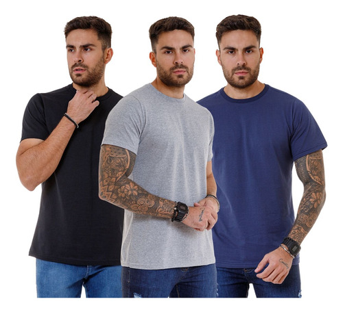 Kit 3 Camisetas Básica Masculina Algodão Slim Fit Lisa