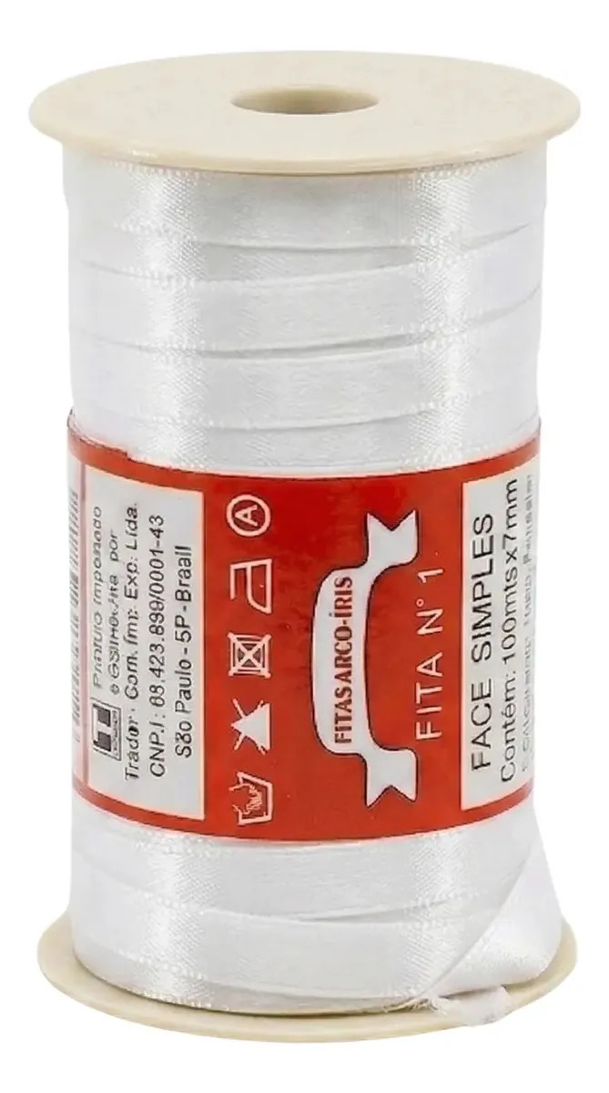 Fita De Cetim Trader 7mm - Nº01 C/100 Metros Raso Carretel Cor 001 Branco Lisa