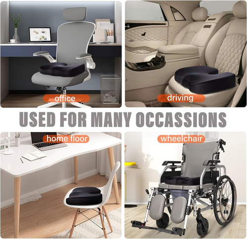 Cojín Asiento Memory Foam Ergonómico Alivio Cóccix Negro Liso
