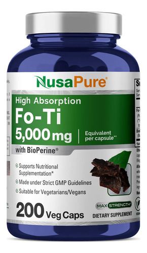 Suplemento Nusapure Fo-ti de 5000 mg por cada 200 cápsulas vegetales