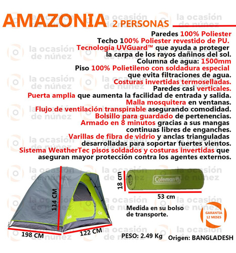 Imagen 2 de 6 de Carpa Camping Coleman Amazonia 2 Personas Full Fly Tent