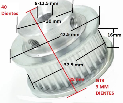 1 Polea Aluminio Gt3 40 Dientes, Ancho 15mm, Centro 8 A 14mm