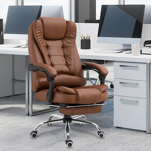 Silla Ergonómica Piel Pu Con Reposapiés Y Respaldo Ajustable Marrón Cuero Sintético