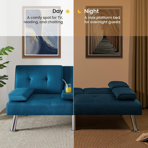 Sofá Cama Convertible De Tela Ajustable, Azul Yaheetech