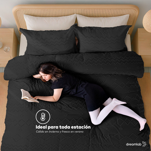 Juego de Funda Para Edredon Duvet con Textura Dreamlab, Tamaño Queen, Color Negro