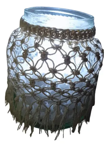 Frasco Decorativo Con Crochet 13.5 Cm × 11 Cm + Vela Luz Led