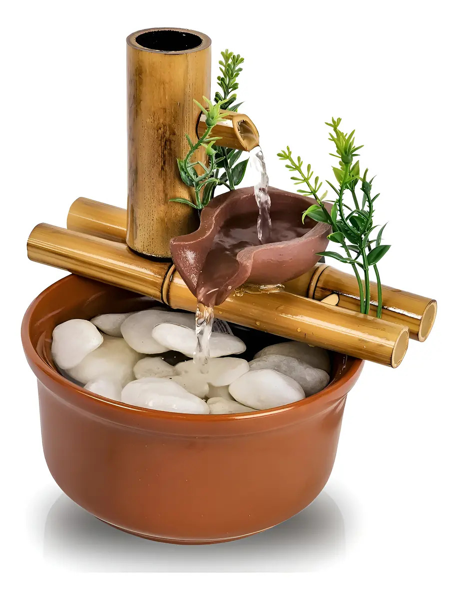 Fonte De Mesa Agua Cascata Bambu 2 Quedas Decorativa 19cm