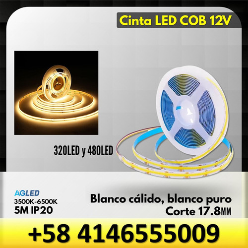 Cinta Led Cob Blanco Calido 5m 12v 480led Ip20