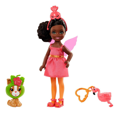 Conjunto Mini Boneca Colecionável Menina Negra Festa A Fantasia Flamingo - Acompanha Mini Pet Gato Gatinho E Acessórios - Chelsea Club Família Da Barbie - Mattel Brinquedos