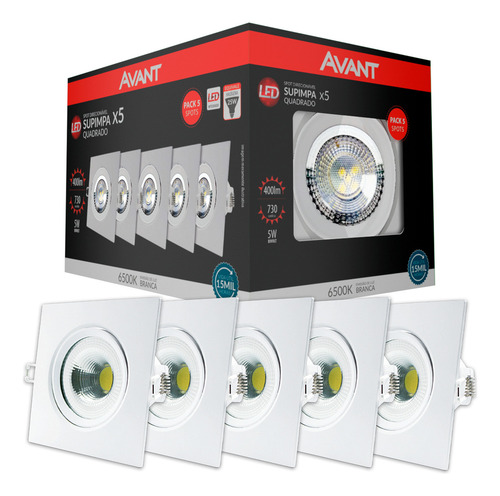 Spot Led Authentic Embutir 5w 6500k Branco Frio 9m 127/220V Ip20 Quadrado Branco Cod: 865031373 Avant