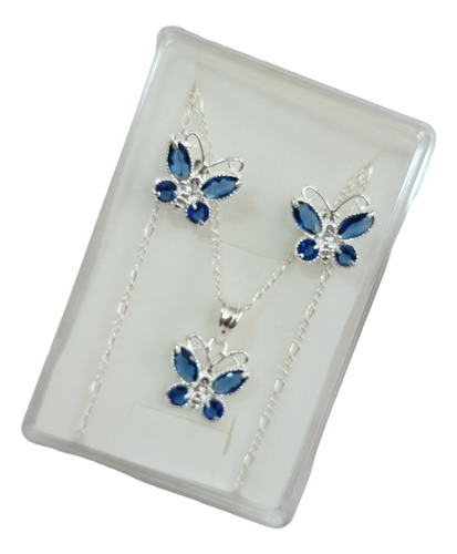 Collar Mariposa Azul Zirconias De Plata 925+aretes Ye51