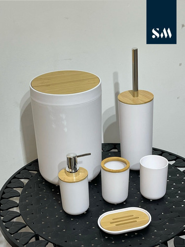 Juego De Accesorios Para Baño Cesto Cepillo Dispenser Blanco