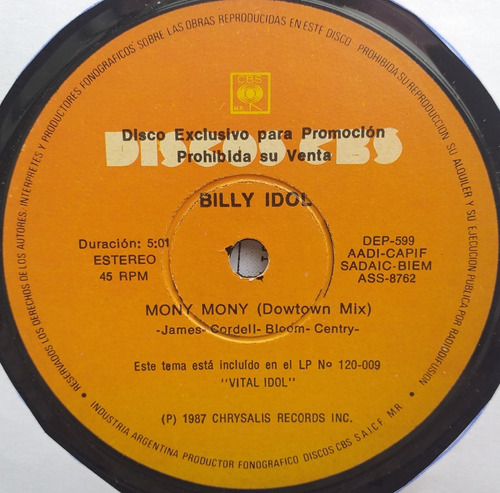 Billy Idol - Mony Mony - Simple Vinilo Promo Año 1987