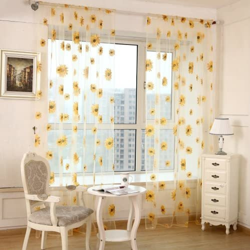 2pcs Curtains Sunflower Window Sheer Curtains Rod Pocket Tra