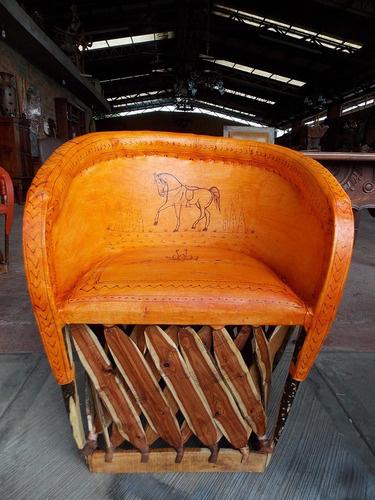 Sillon Equipal Pirograbado Madera Y Piel Estilo Antiguo.