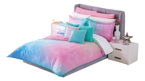 Edredón Star Pink Aqua/rosa Mat/ind C/fundas Y Cojín Concord
