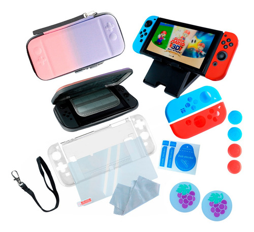 Kit Para Nintendo Switch Rosa Lila Estuche Protector Mica