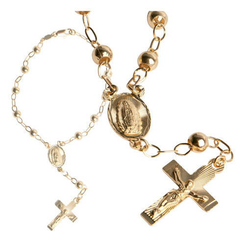 Pulsera Virgen Guadalupe Oro 14k Laminado Rosario Con Cruz