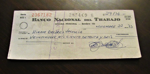 Cheque Banco Nacional Del Trabajo 1973 Usado (c85)