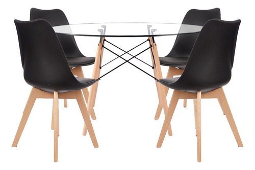 Juego Comedor Mesa Eames Vidrio Redonda 120cm + 4 Tulip Color Negro