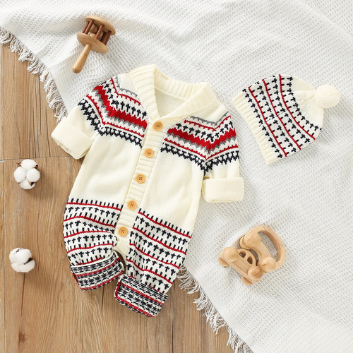 Conjunto Mameluco Tejido Bebé Con Gorro Y Estampado De Rayas