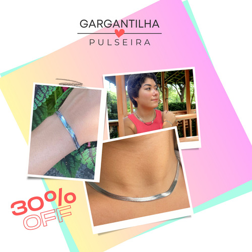 Conjunto Colar Choker Pulseira Fita Laminada Prata Aço Inox