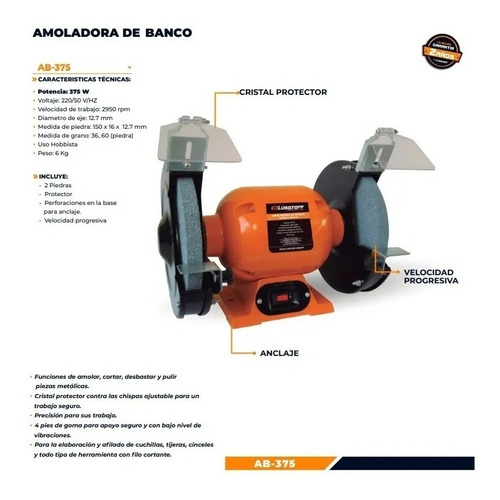 Imagen 2 de 10 de Amoladora De Banco Con Piedras Esmeril 375w Lusqtoff Ab-375