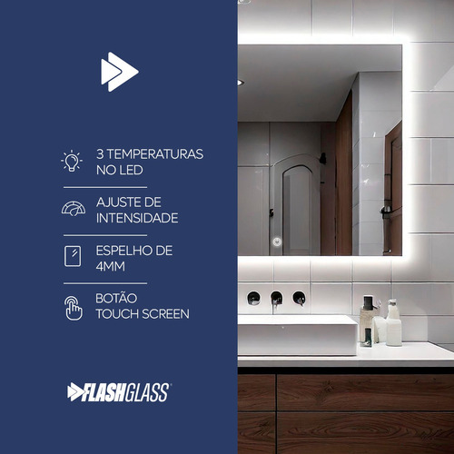 Espelho Retangular Vertical Jateado Led 90x70cm Sensor Touch