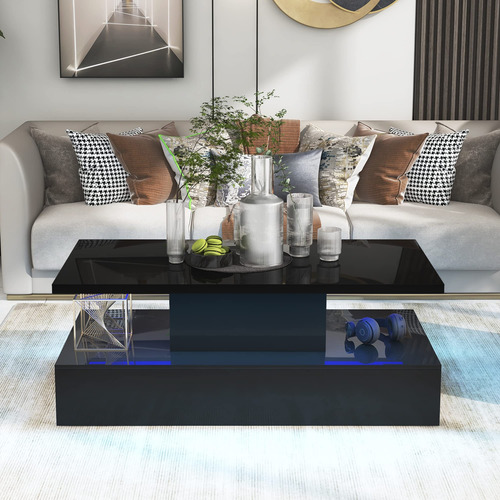 Merax Mesa De Centro Negra Con Luz Led De 2 Niveles Mesa De